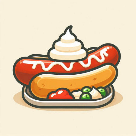 Illustration of a hot dog with whipped cream on a plate.のイラスト素材
