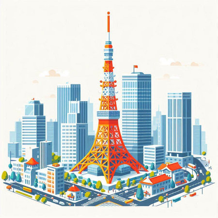 Tokyo tower on the background of the city. Vector illustration.のイラスト素材