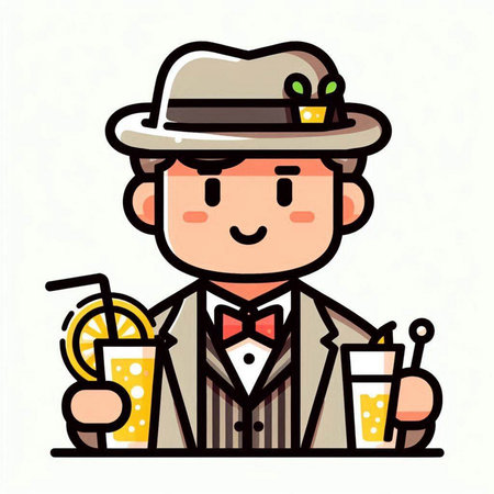 Vector illustration of a man in a suit and hat drinking a cocktailのイラスト素材