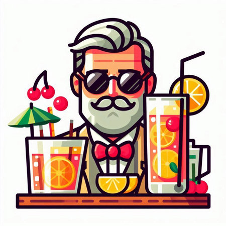 Funny cartoon bartender with glasses and a beard. Vector illustration.のイラスト素材