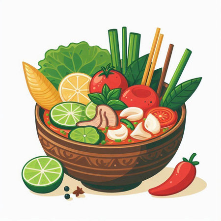 Illustration of a bowl of spicy soup with chopsticks and vegetablesのイラスト素材