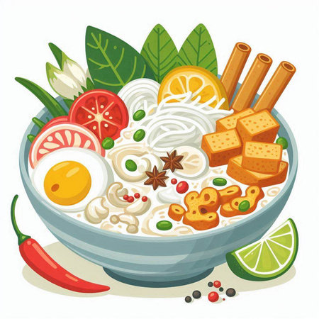 Illustration of a bowl of rice noodle soup with vegetables and spicesのイラスト素材