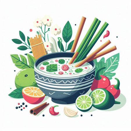 Vietnamese food. Vector illustration of a bowl of vietnamese soupのイラスト素材
