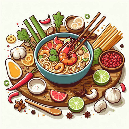 Noodle soup with shrimps and vegetables. Vector illustration.のイラスト素材