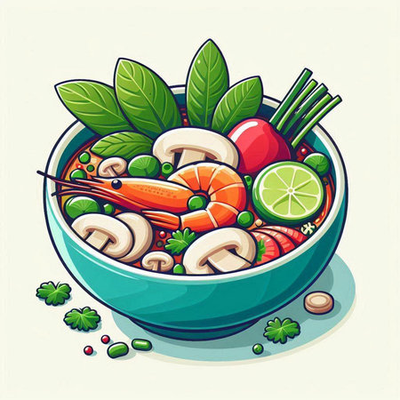 Vector illustration of bowl of soup with shrimps, mushrooms and vegetablesのイラスト素材