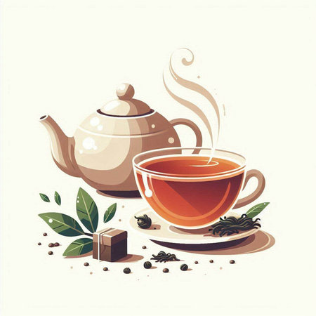 Cup of tea with teapot and chocolate. Vector illustrationのイラスト素材