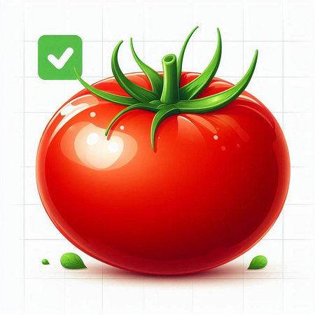 Illustration of tomato with green leafs and check mark on white backgroundのイラスト素材