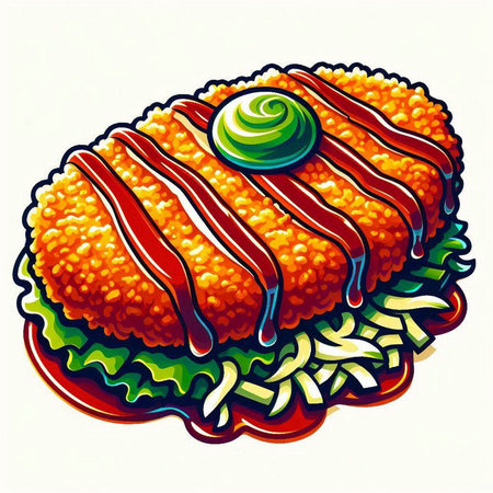 Illustration of a fish cake with ketchup and mayonnaiseのイラスト素材