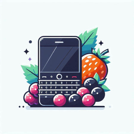 Mobile phone with fruits and berries. Vector illustration in flat style.のイラスト素材