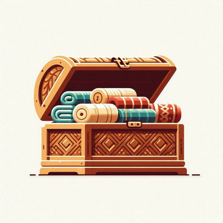 Towels in a wooden chest. Vector illustration of a treasure chest.のイラスト素材