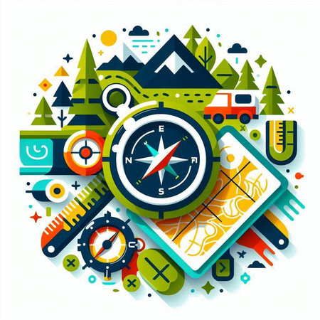 Navigation flat design concept with compass and camping equipment. Vector illustrationのイラスト素材