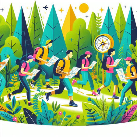 Group of tourists with backpacks in the forest. Vector illustration.のイラスト素材