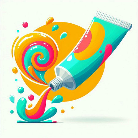 Vector illustration of a tube of toothpaste with colorful splashes.のイラスト素材
