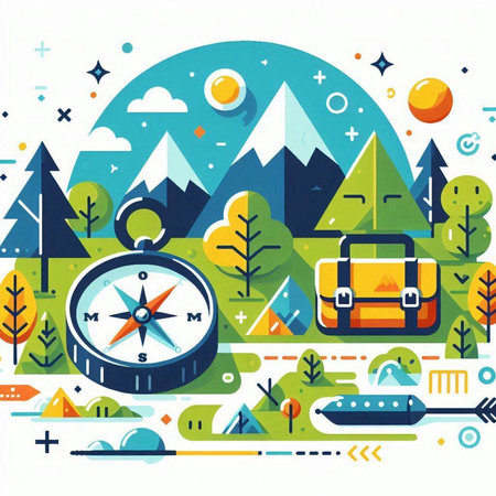 Vector illustration of camping and travel elements in flat style. Vector illustration.のイラスト素材