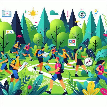 Vector illustration of people running in the park. Flat style design.のイラスト素材