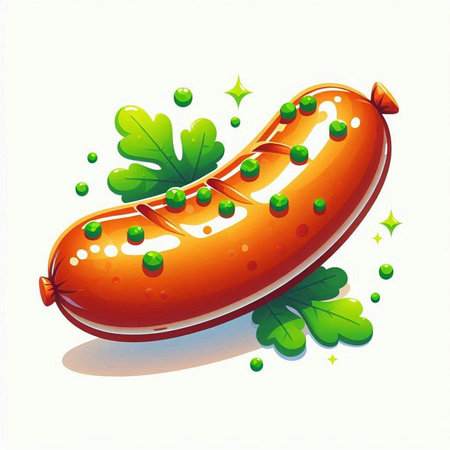 Illustration of a grilled sausage with green leaves on a white backgroundのイラスト素材