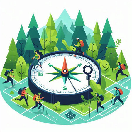 Vector illustration of a group of people with a compass in the forest.のイラスト素材