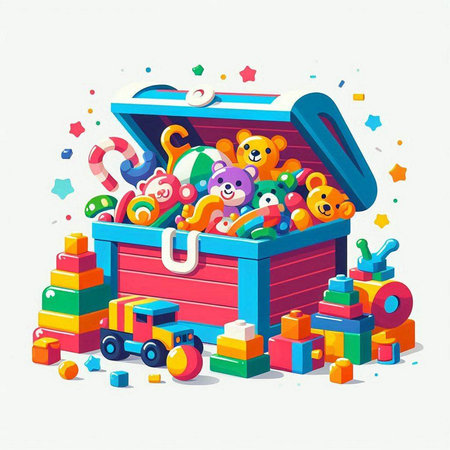 Colorful vector illustration of a children's toy box with toys.のイラスト素材