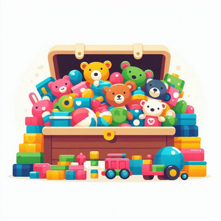 Wooden box full of toys. Vector illustration in cartoon style.のイラスト素材