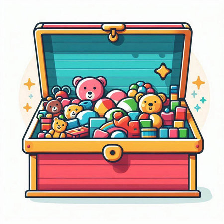 Colorful vector illustration of a chest full of toys. Cartoon style.のイラスト素材