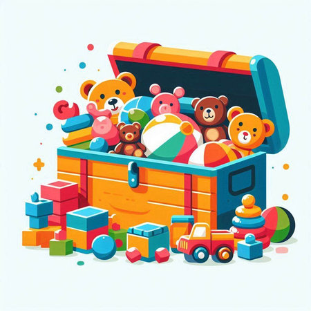 Children's toys in a wooden box. Vector illustration. Cartoon style.のイラスト素材