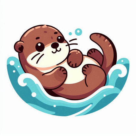 Cute cartoon otter sitting on the wave. Vector illustration.のイラスト素材