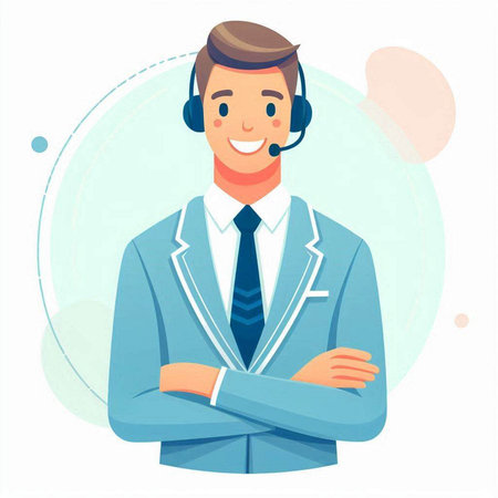 Smiling call center operator with headset. Vector illustration in flat styleのイラスト素材