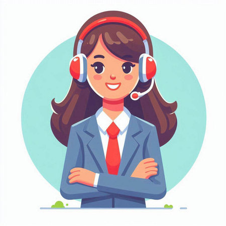 Young woman call center operator in headset. Flat style vector illustration.のイラスト素材