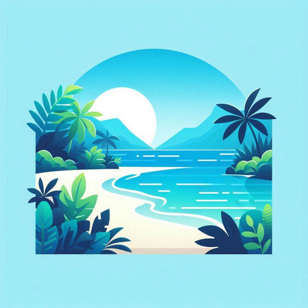 Tropical island with palm trees and sea. Vector illustration.のイラスト素材