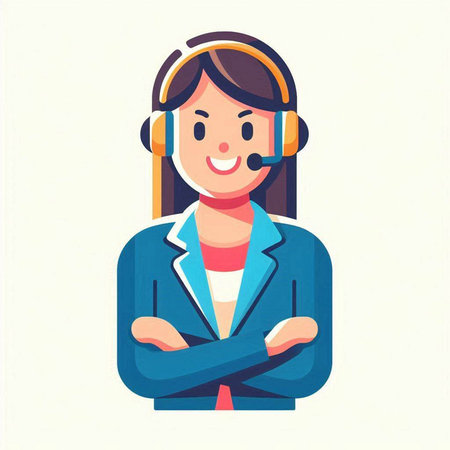 Call center woman with headset. Vector illustration in flat cartoon style.のイラスト素材