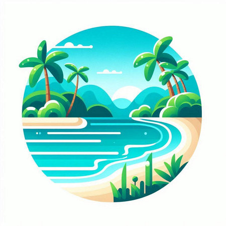 Tropical island with palm trees and sea. Vector illustration.のイラスト素材