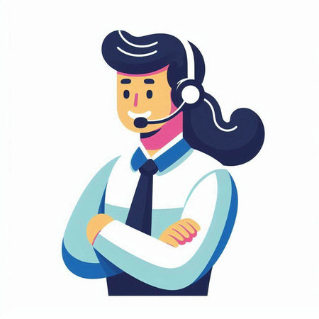 Call center operator with headset. Vector illustration in flat cartoon style.のイラスト素材