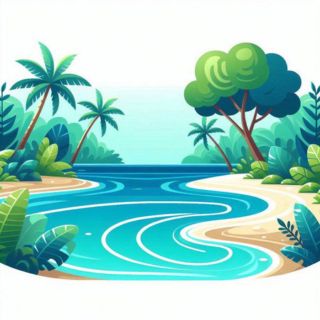 tropical beach with palm trees and turquoise water. vector illustrationのイラスト素材