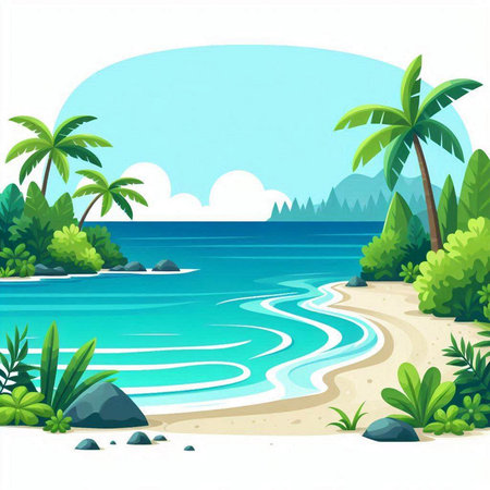 Tropical beach with palm trees and sea waves. Vector illustrationのイラスト素材