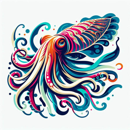 Vector illustration of a stylized octopus with colored wings and swirlsのイラスト素材
