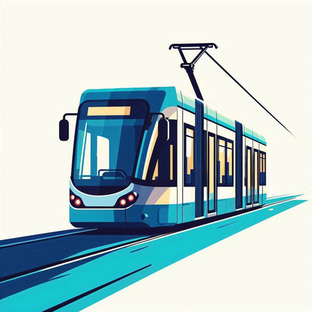 Vector illustration of a blue trams on the road in the cityのイラスト素材
