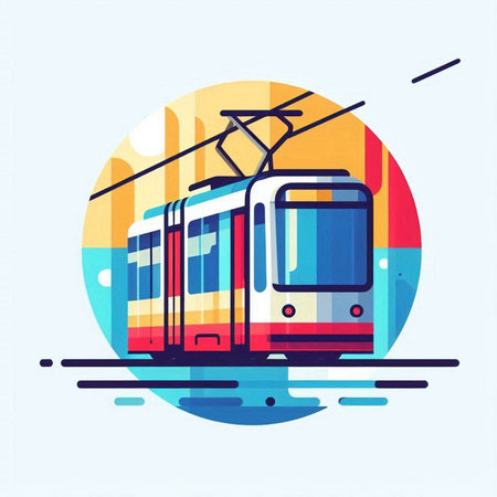 Tram in the city. Vector illustration in flat design style.のイラスト素材