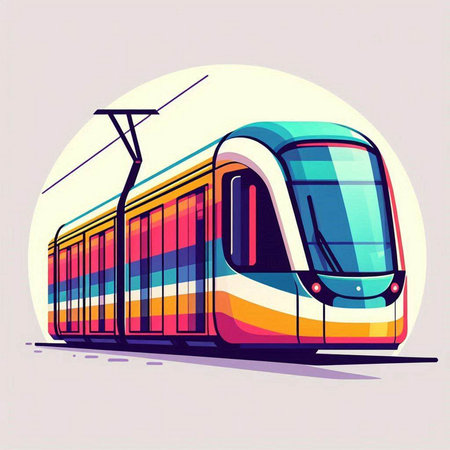Modern tram vector illustration. Colorful public transport on the street.のイラスト素材