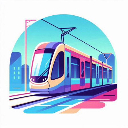 Modern tram on the background of the city. Vector illustration in a flat style.のイラスト素材