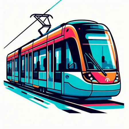 Modern tram on the background of the city. Vector illustration. Eps 10のイラスト素材