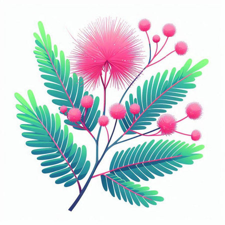 branch of mimosa with flowers on a white background, vector illustrationのイラスト素材