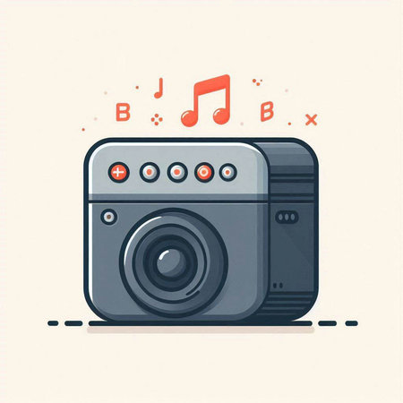 Retro camera with music notes. Vector illustration in flat style.のイラスト素材