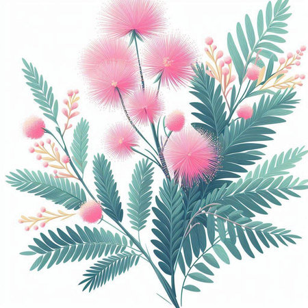 Flowering mimosa branches with pink flowers. Vector illustration.のイラスト素材