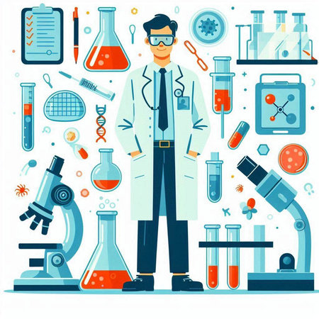 Scientist man in lab coat with equipment flat vector illustration. Laboratory research, chemistry, biotechnology, chemistry, medicine concept.のイラスト素材