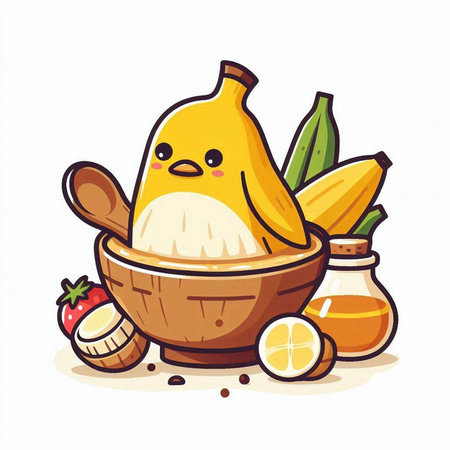 Illustration of a banana fruit in a wooden bowl with some ingredients.のイラスト素材