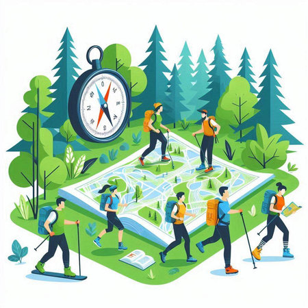 Tourists with backpacks and map in the forest. Vector illustrationのイラスト素材