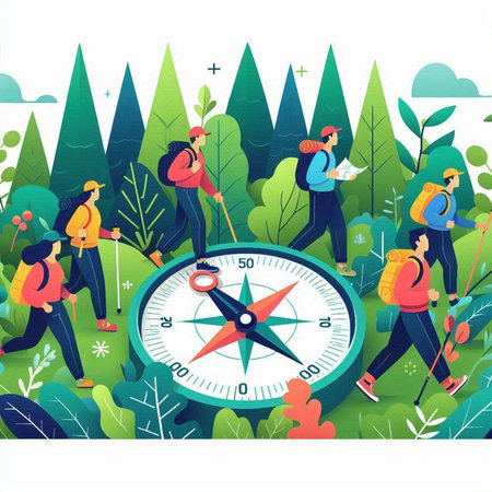 Tourists with backpack and compass in the forest. Vector illustration.のイラスト素材