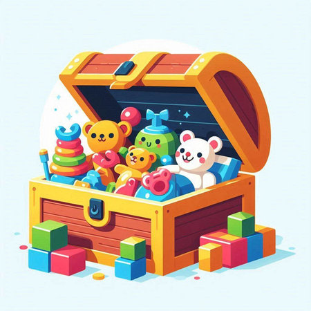 Vector illustration of a treasure chest full of toys. Cartoon style.のイラスト素材