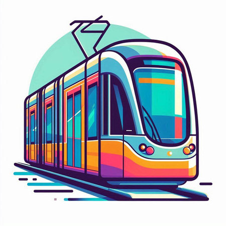 Modern tram vector illustration isolated on white background. Line art design.のイラスト素材