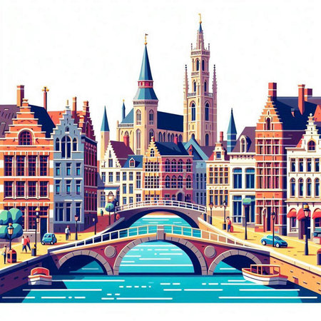 Bruges, Belgium. Bridge over the canal. Vector illustration.のイラスト素材